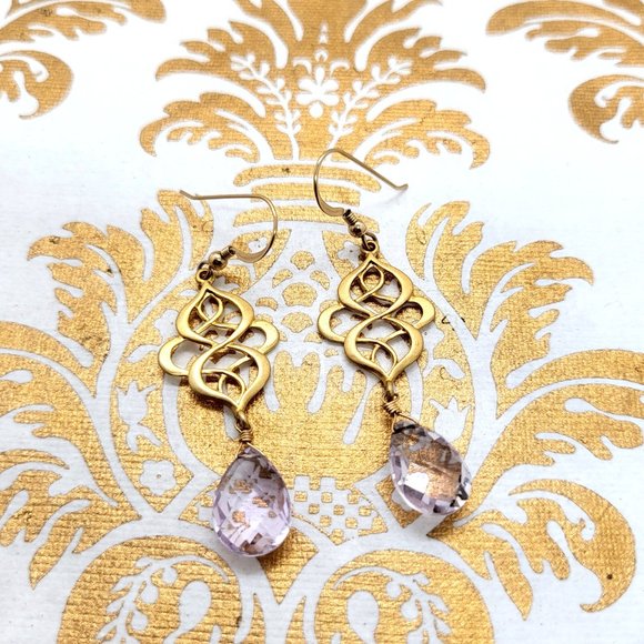 Pink amethyst gold wave gold filled dangle earrings - Picture 5 of 5